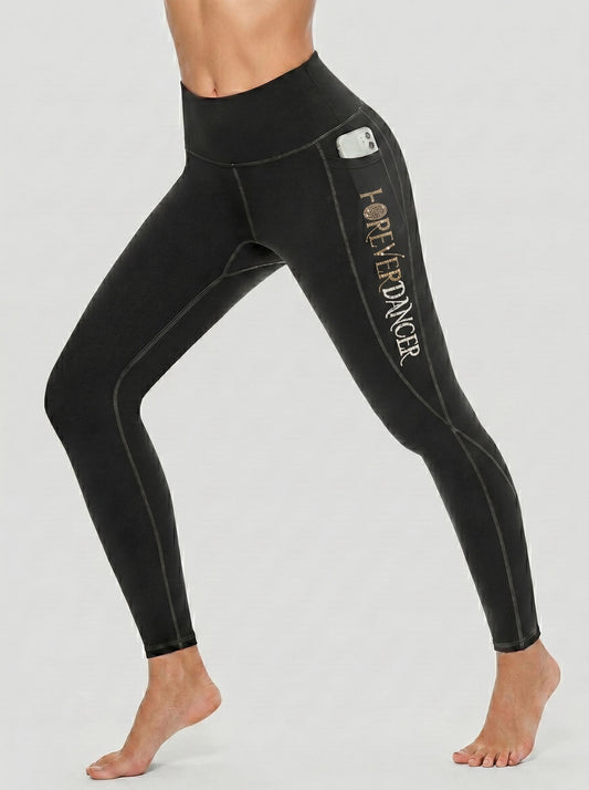 FOREVER DANCER Dance Leggings with Pockets and Forever Dancer Phrase in Golden and Silver Rhinestones for Women - High Waist Tummy Control Pants