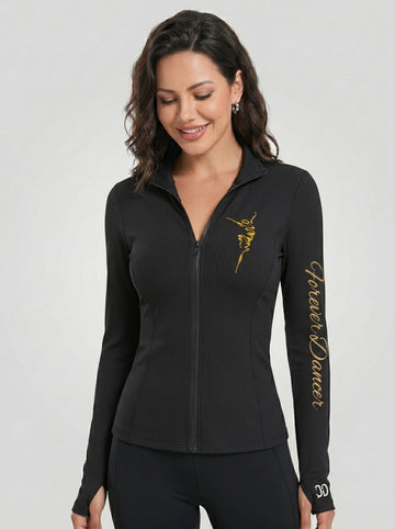 FOREVER DANCER Women's Long Sleeve Top Stand Neck Front Zipped Stretch Fitted